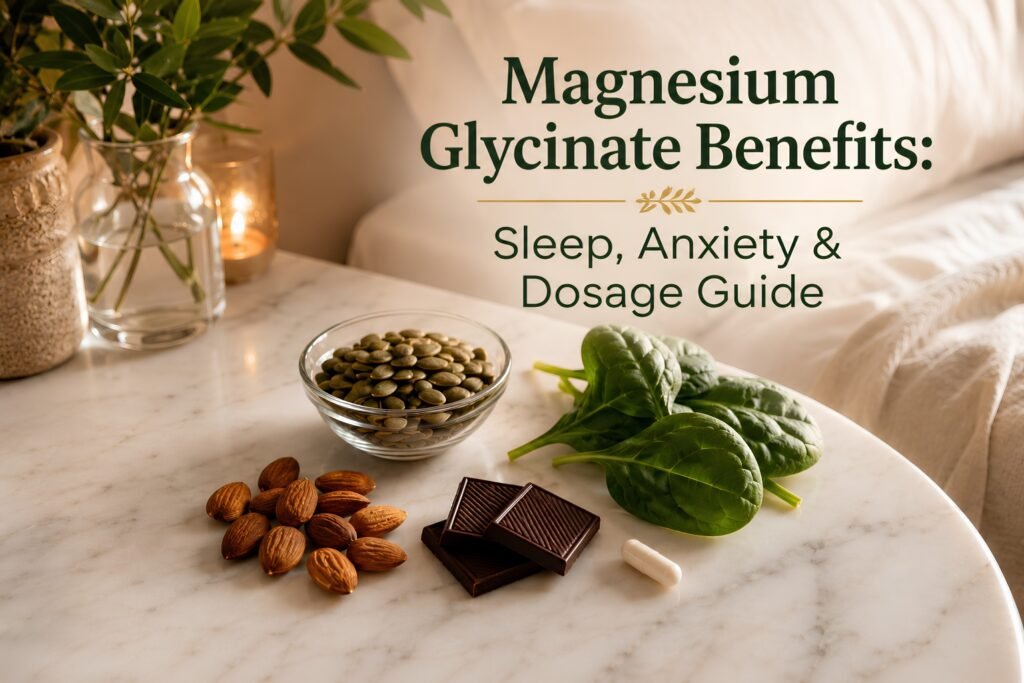magnesium glycinate benefits — natural food sources including pumpkin seeds, almonds, dark chocolate and spinach
